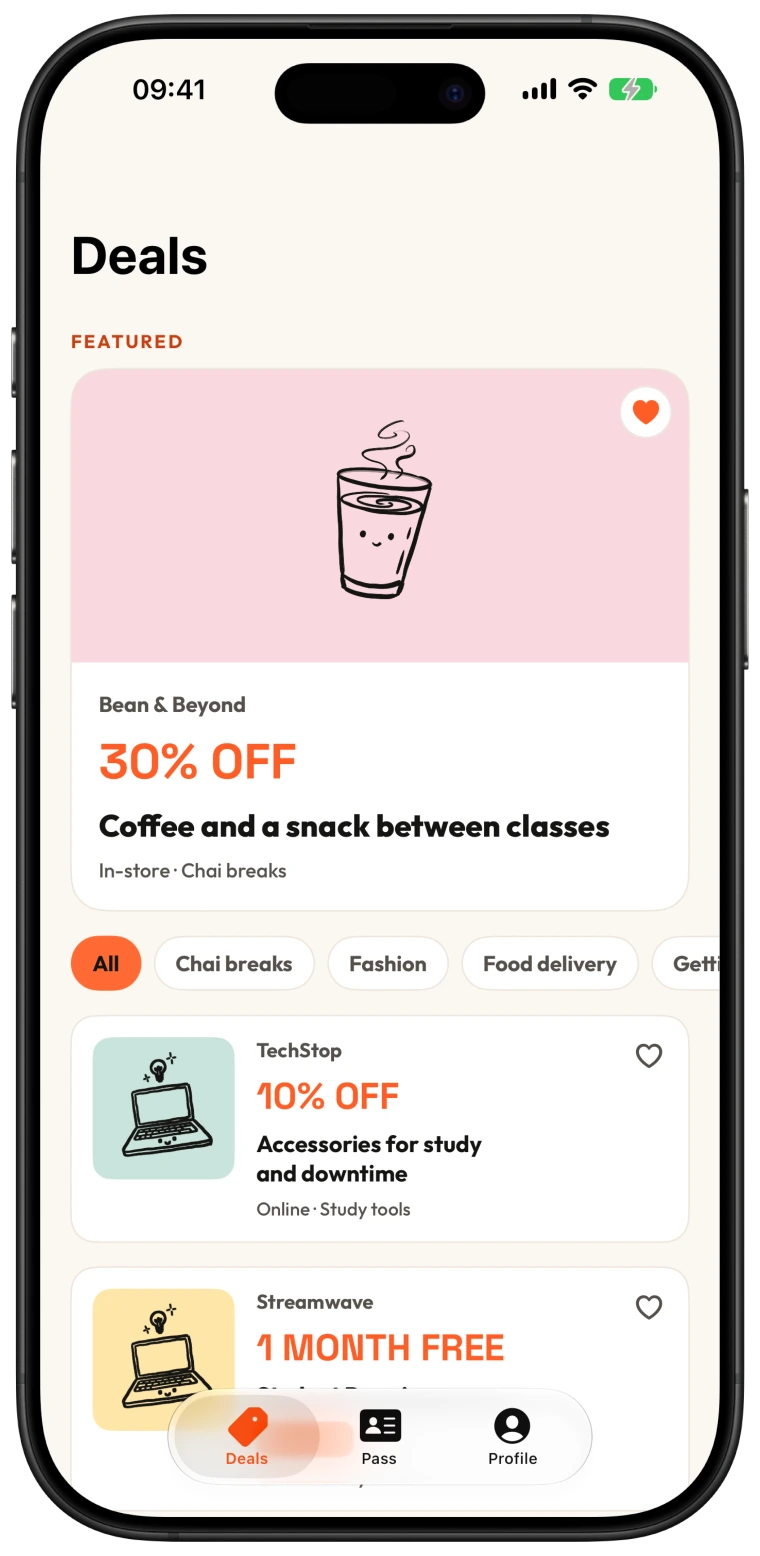 The Uni Deals deals feed inside an iPhone frame, showing category filters and student offers.